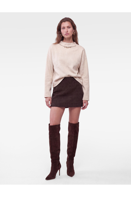 Loose Cut Long Sleeve Herringbone Textured High Neck Stone Detailed Sweater