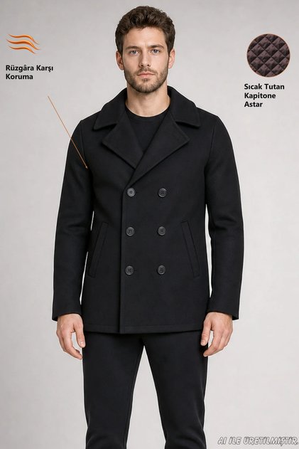 Men's Black Double-Breasted Collar Wind-Resistant Winter Cashmere Jacket with Quilted Interior