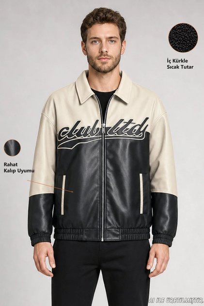 Men's Black Double Color Oversize Faux Leather Jacket with Fur Inside