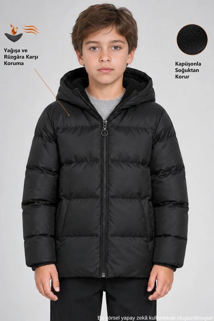 Boy's Black Fleece Fur Hooded Waterproof Wind Resistant Pocket Puffer Winter Coat