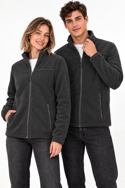 Unisex Siyah Tam Fermuarlı Polar Hırka Dik Yaka Standart Fit