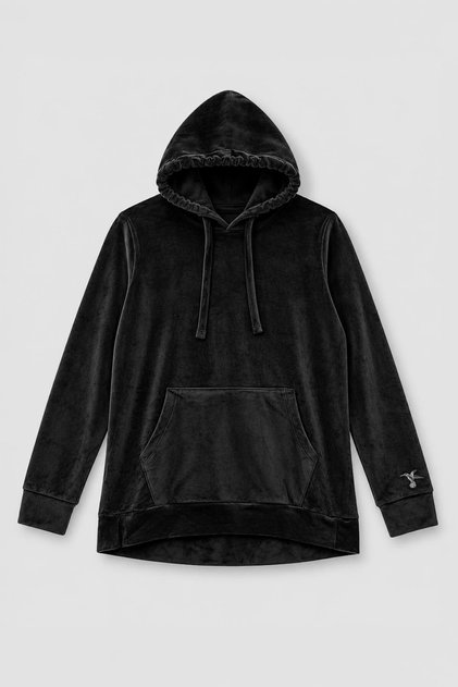 Women's Hooded Pocketed Velvet Textured Black Sweatshirt with Sleeve Detail