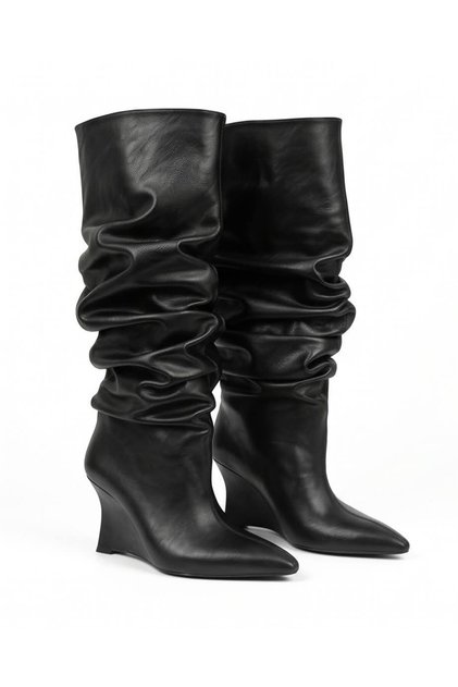 Women's Black Bellows Boots Pointed Toe Wedge Heel Gathered Stylish Boots