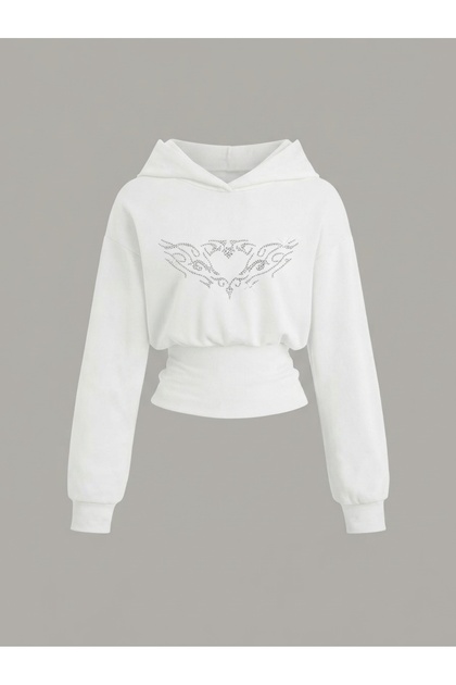Women's Oversize Crystal Stone Printed Short Hooded Crop Sweatshirt