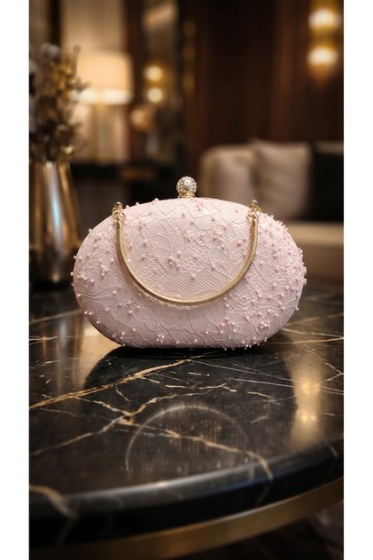 Women's Powder Pink Lace and Pearl Detailed Stoned Evening Dress Handbag & Portfolio Clutch (14X22 cm)
