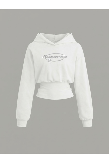 Women's Oversize Crystal Stone Printed Short Hooded Crop Sweatshirt