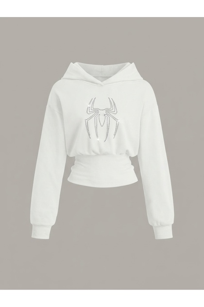 Women's Oversize Crystal Stone Printed Short Hooded Crop Sweatshirt