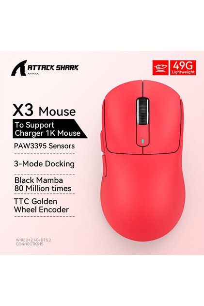 X3Standard 1K-Red Attack Shark X3 PixArt PAW3395 Wireless Mouse, 26K DPI Lightweight Mouse ,Tri-Mod