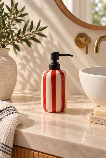 Striped Pump Liquid Soap Dispenser – Modern Decorative Bathroom and Kitchen Soap Dispenser – Black, Red, Green, Cream Color Options