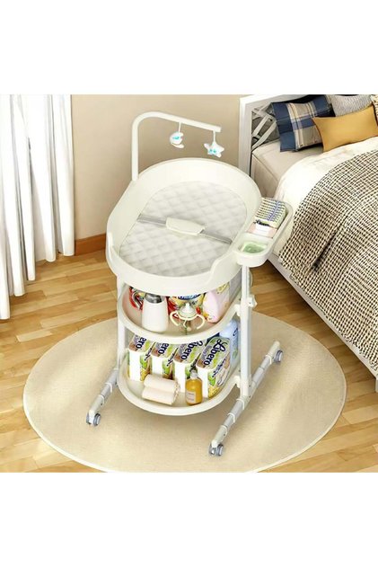 Baby Changing Table Multi Height Adjustable Baby Diaper Changing Table with Shelves and Wheels White