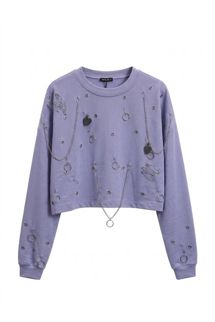 Trend Special Design Grunge & Alternative Women's Accessory Crop Sweatshirt - 3 Thread Oversize Sweatshirt with Safety Pin and Chain Detail