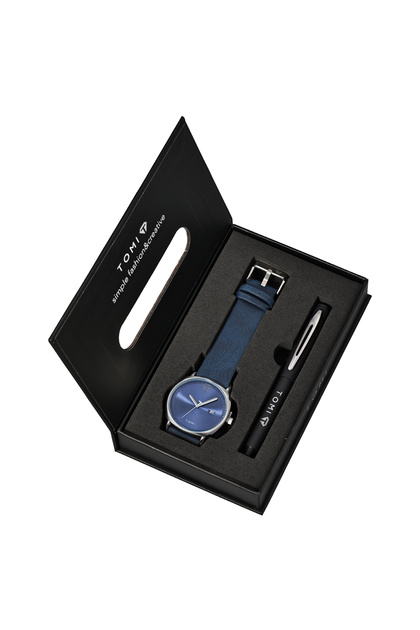 Blue silver TOMI New 2PCS Luxury Business Men Watch Gift Box Set Simple and Casual Men Calendar Quar