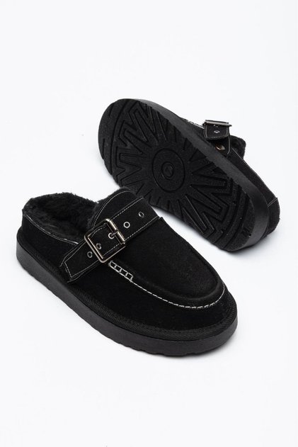 Adri Women's Buckle Detailed Suede Slippers with Fur Inside, Black