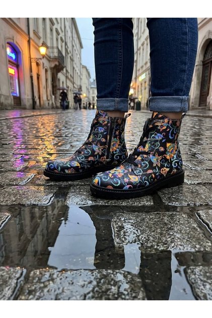 1000 Shapes Printed Colorful Lace-Up and Zippered Boots