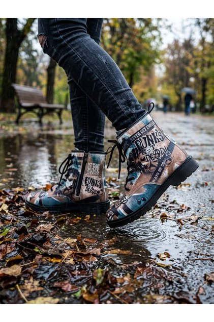 1001 Punks Dead Printed Boots with Laces and Zipper