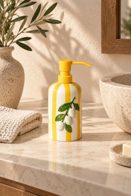 Olive and Tomato Patterned Pump Liquid Soap Dispenser – Embossed Fruit Figured Striped Decorative Kitchen and Bathroom Soap Dispenser