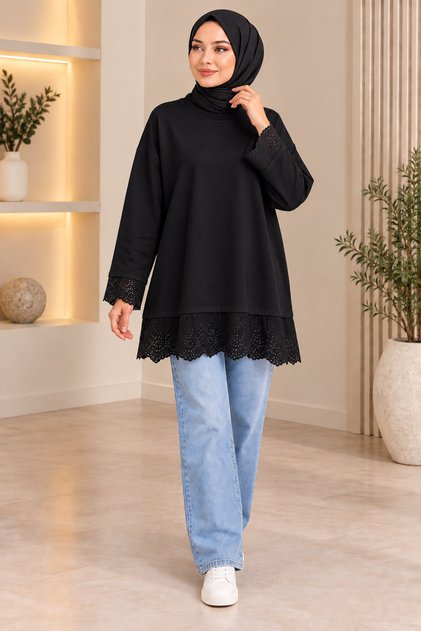 Women's Lace Detailed Long Tunic Hijab Sweatshirt Tunic Crew Neck Relaxed Fit