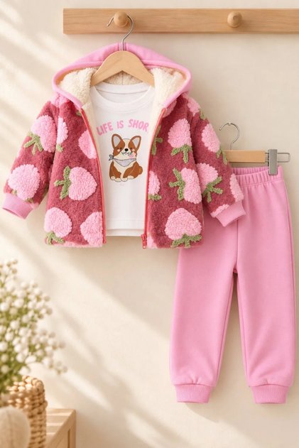 Baby Girl 3-Piece Set Floral Patterned Hooded Plush Cardigan Dog Printed Long Sleeve Sweatshirt and Sweatpants
