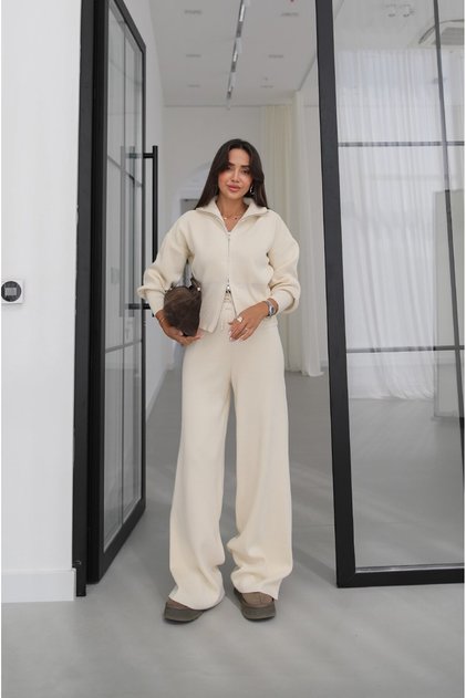 Ecru Fens Double Zipper Cardigan Pants Knitwear Set