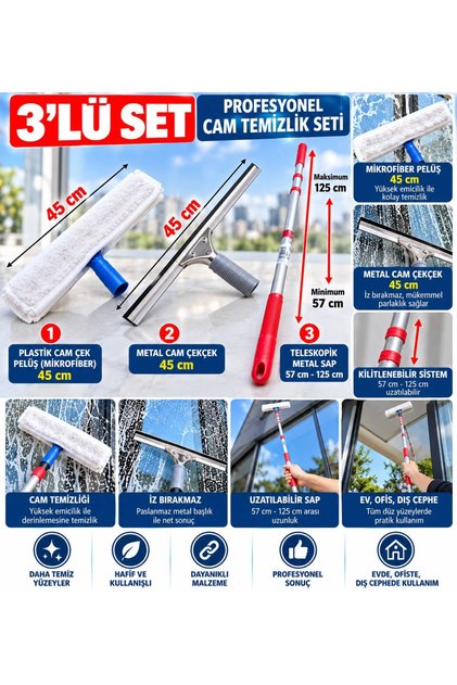 45 CM Profesyonel Cam Silme Seti 4’lü 45 cm Mikrofiber Cam Peluşu Metal Cam Çekçek 57-125 cm Teleskopik Sap Metal