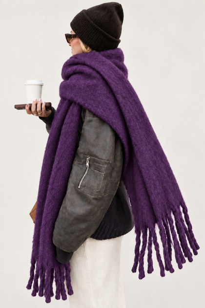 Women's Plum Purple Plain Large Size Shawl 180X65 cm Soft Textured Twisted Tassel Winter Shawl Scarf – Shoulder Shawl