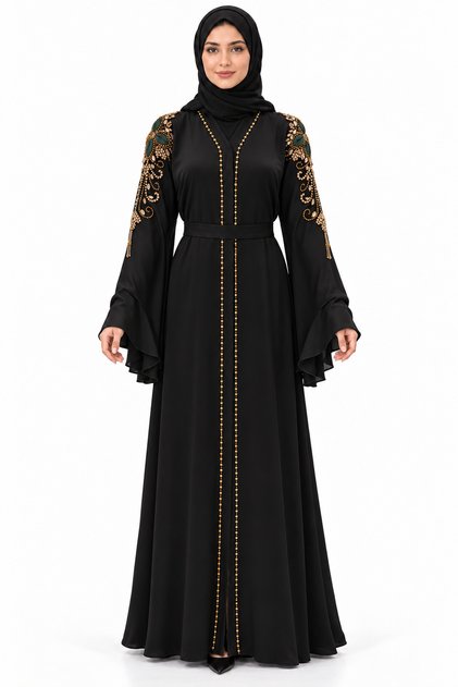 Abaya with Shoulder and Belt Decorations | Shoulder Motif Belted Abaya