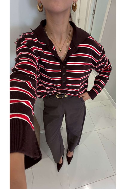 Tomles Brown Striped Polo Collar Knitwear