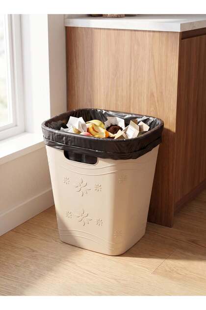 Modern Beige Floral Plastic Trash Can with Built-in Handles for Home and Office