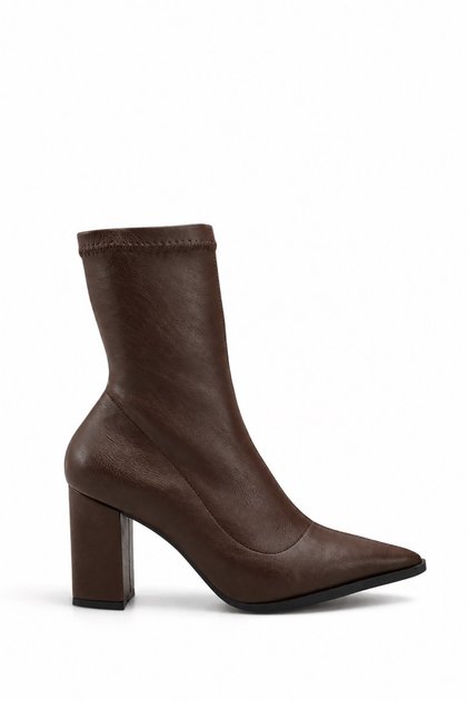 Sisi Women's Coffee Leather Stretch Pointed-Toe Chunky Heel Stylish Everyday Boots, 8 cm Heel.