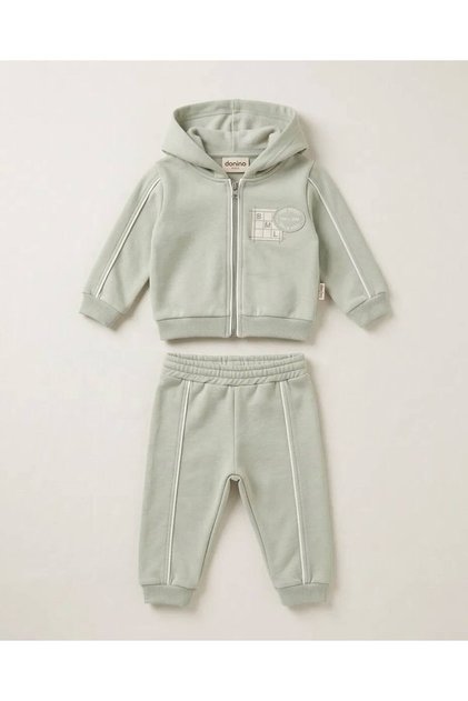 6-24 Months Baby Winter 2-Piece Tracksuit Set – 3-Strand Zippered Hoodie and Pants, Mint Green-Navy Blue Newborn Baby Set