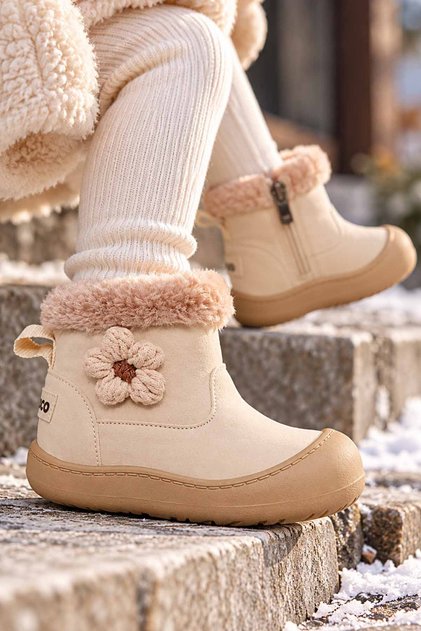 Girl's Beige Winter Boots with Fur and Floral Detail Casual Shoes