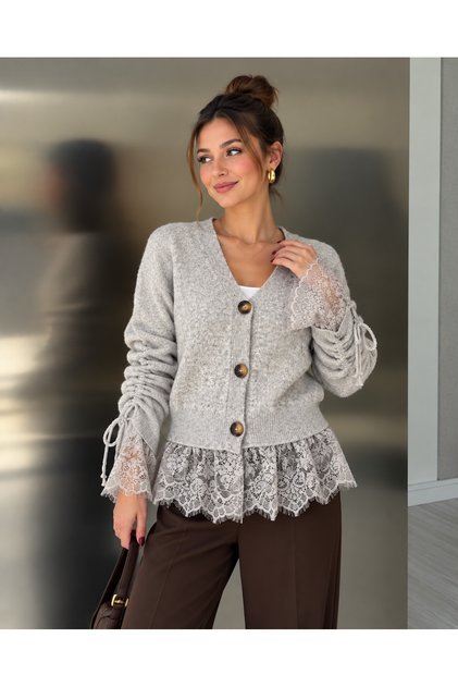 Gray Cardigan with Lace Details on Sleeves and Hem - 5320
