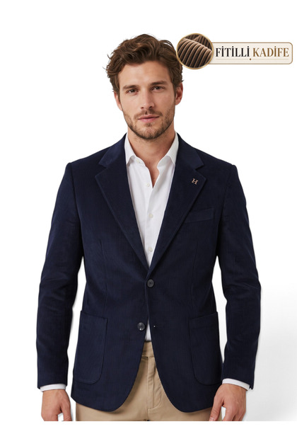 Navy Blue Ribbed Velvet Jacket with a Mandarin Collar.