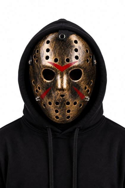 Mască Halloween Hockey Horror cu Aspect Metalic și Detalii Roșii, Mască Înfricoșătoare pentru Carnaval, Cosplay și Petreceri Tematice