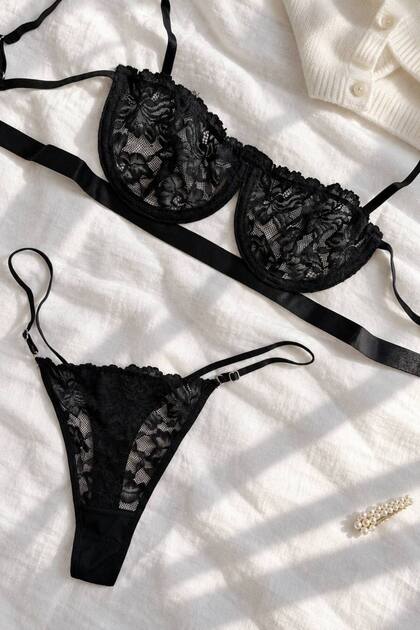 Banded Detail Soft Lace Underwire Lingerie Set