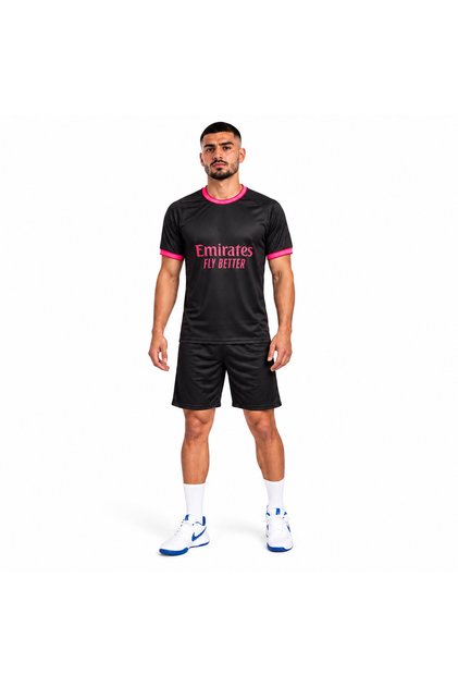 Men's 2 Piece Soccer Jersey and Shorts Set, Black Football Uniform with Pink Accents, Short Sleeve Sports Shirt and Matching Shorts for Training, Matches and Activewear