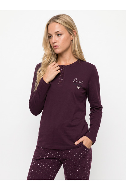 Women's Long-Sleeved Pajama Set with Polka Dot Pattern, Murdum Color