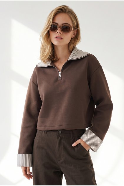 Women's Brown Polo Neck Crop Sweatshirt with Striped Detailing and Embellishments Swt-19000825