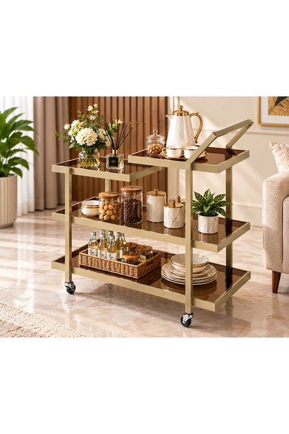 Modern Luxury Mobile Coffee & Catering Serving Cart with 4 Serving Trays on 3 Levels, Glass Shelves, Sleek Metal Frame & Side Handle, Versatile for Kitchen, Living Rooms, Halls, and Beverage Organization