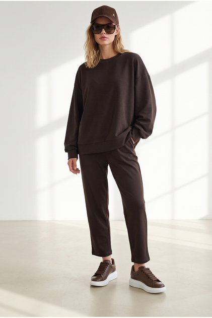 Women's Brown Basic Loose-Fit Top and Bottom Set Tkm-19000528