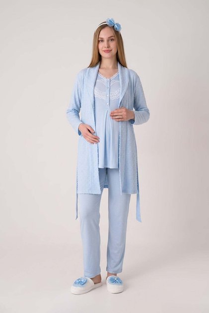 Maternity Pajama and Robe Set, 3-Piece, with Lace, V-Neck, Buttoned, Nursing-Friendly, Made of Jersey Fabric.