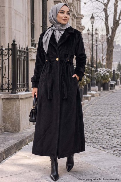 Black Belted Angora Modest Coat HM2974