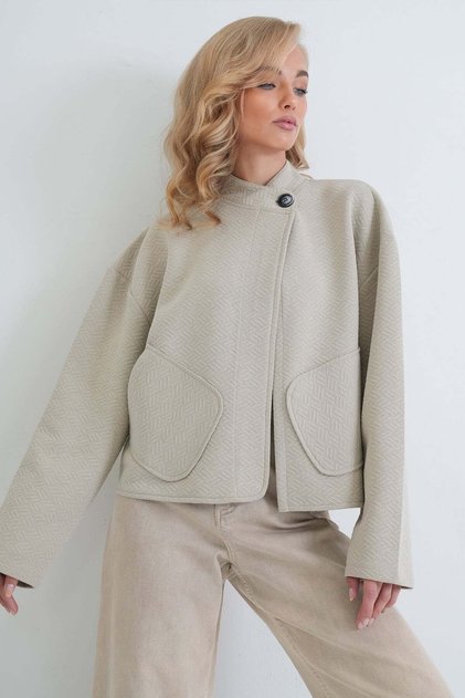 Women's Beige Stand-Up Collar Poncho Jacket with Pockets Alc-X14421