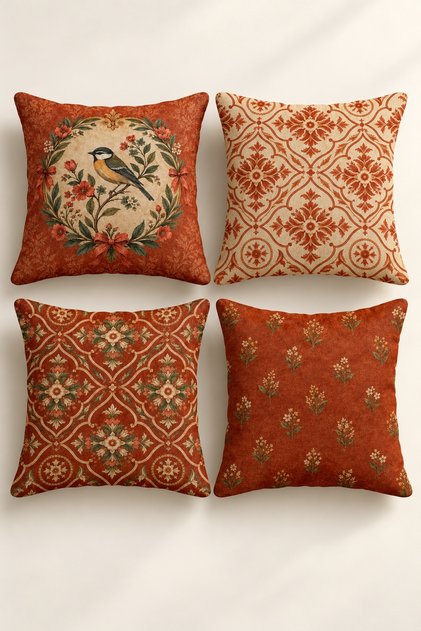 Set of 4 Terracotta Garden Tile Ethnic and Botanical Pillow Covers, Double-Sided Print, 43X43 Cm.