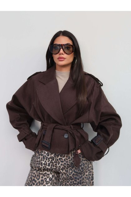 Short Gabardine Trench Coat with Shoulder Pads, E.H Collection.