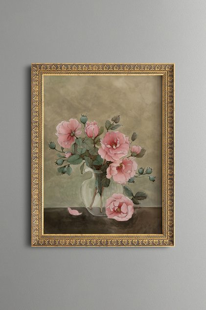 Pink Rose Branch - Vintage Patterned Painting - Slim Model