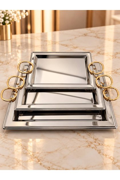 Gold Hand Serving Tray Set 3 Piece Heavy