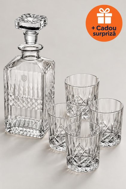 Set Whisky 5 Piese, Carafă 750 ml cu Dop și 4 Pahare de 220 ml, Sticlă de Cristal, Model Tăiat