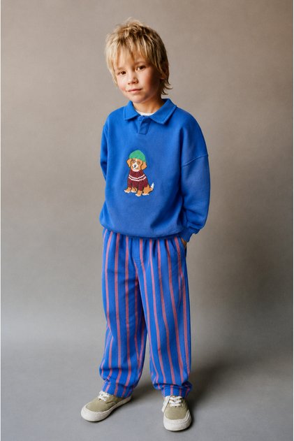 Boys' Cotton Sweatshirt with Navy Blue Polo Collar and Dog Embroidery, and Striped Tracksuit Set.