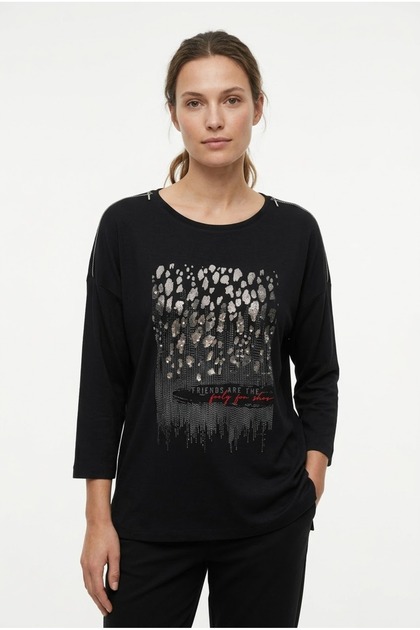 Black Women's Knit Blouse with Printed Details and 3/4 Sleeves.